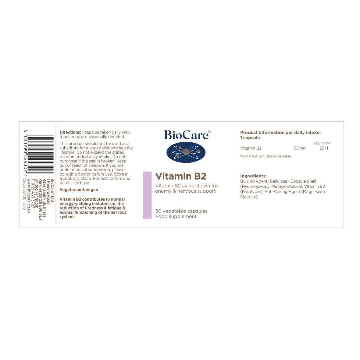 Biocare Vitamin B2 30 Veg Capsules