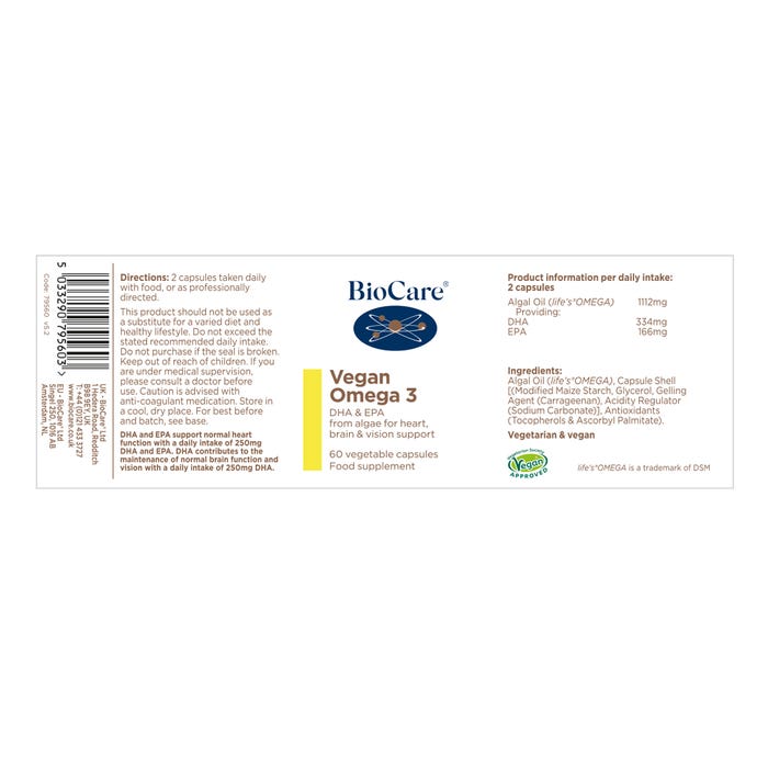 Vegan Omega 3 (Algal DHA & EPA) 60 Capsules