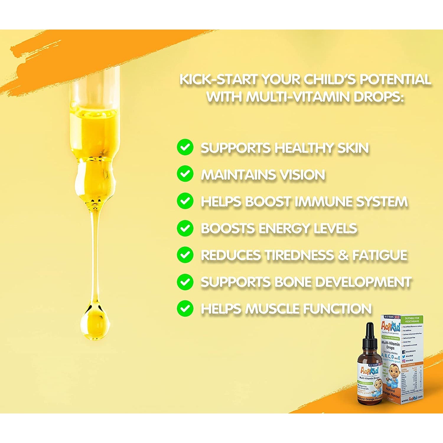 ActiKid Multi-Vitamin gelatine free drops for normal bone development

